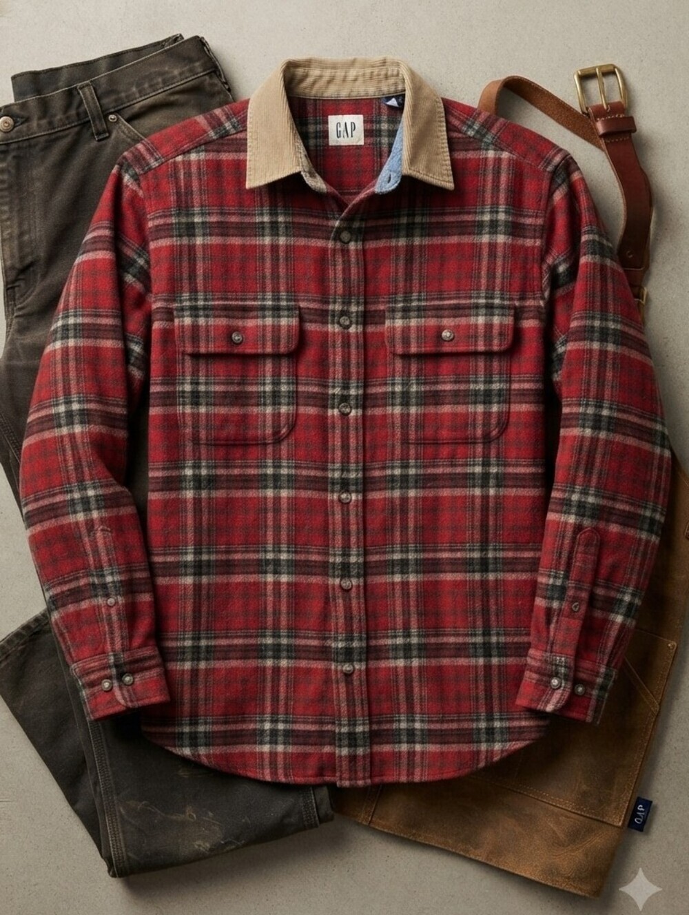 Y2K GAP Wool Red Green Plaid Flannel Button Up Shacket With Corduroy Collar
